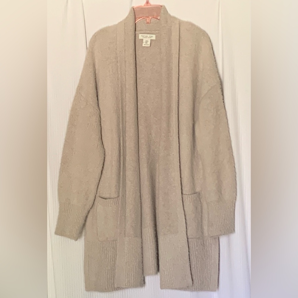 Rachel Zoe Cardigan Sweater Open Front Pockets Soft Knit Neutral Taupe Medium